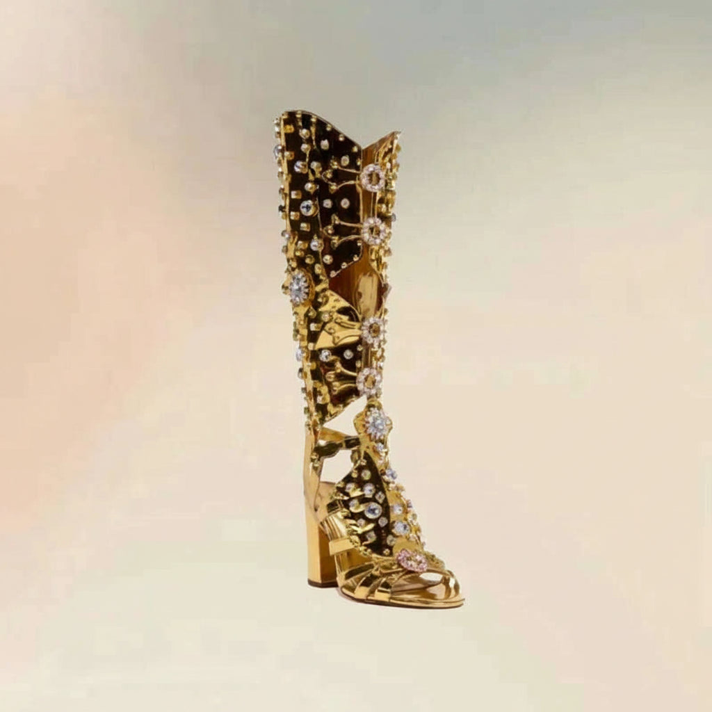 KIMLUD, Crystal Flower Decor Gold Hollow Design Sandals Boots Knee High Women Shoes Chunky High Heels Fashion 2024 Zapatos Para Mujere, KIMLUD Womens Clothes
