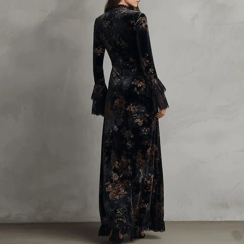 Velvet Floral Print Maxi Dress With O-Neck Empire Waist Long Sleeves — Black | KIMLUD