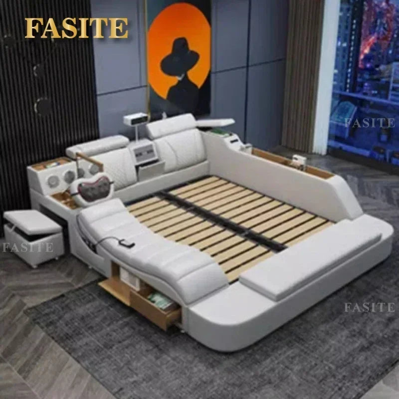 Leather Tatami Multifunction Bed With Projector — Ivory | KIMLUD