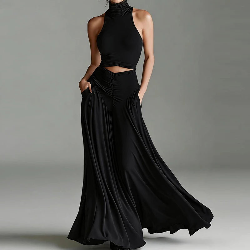 Knit Sleeveless Turtleneck TwoPiece Set — Black | KIMLUD