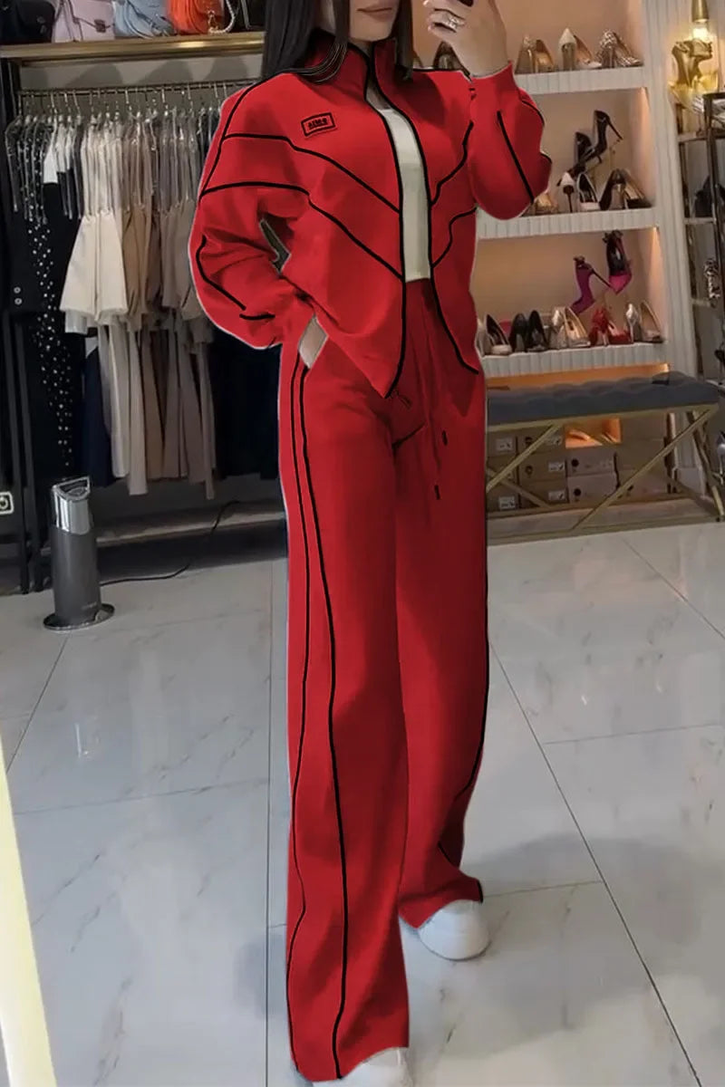 Polyester-Blend Knit Two-Piece Set With Black Piping Zip Sweatshirt And Long Pant — White | KIMLUD