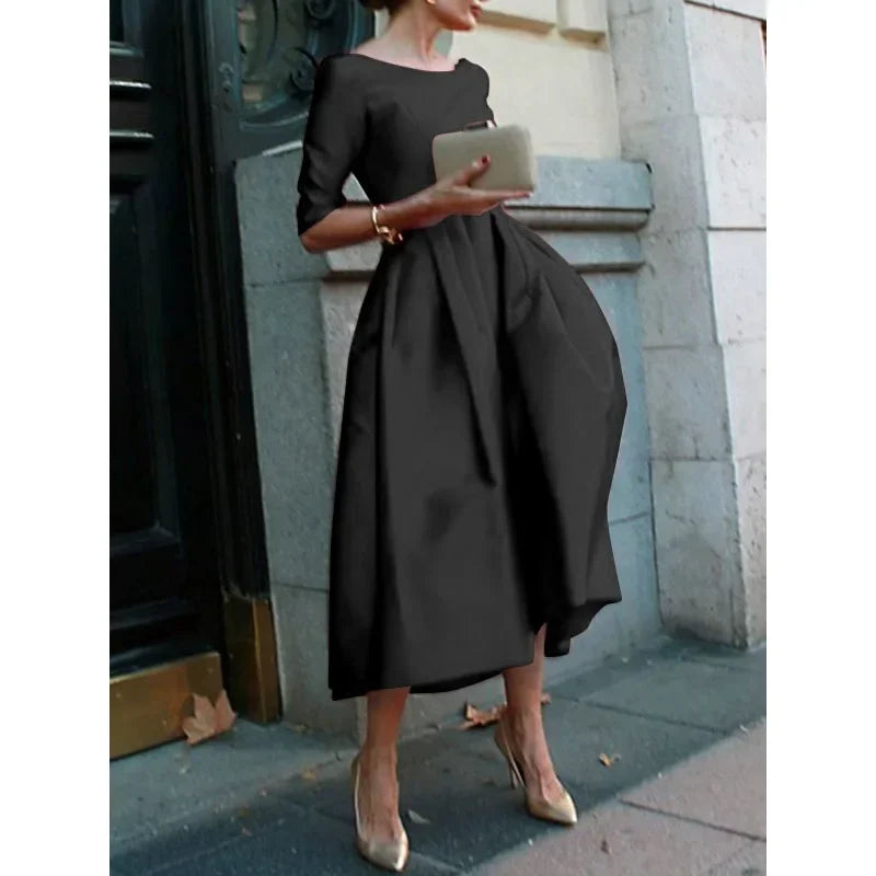 Women's Elegant Banquet Evening Midi Dresses 2025 New Spring Half Sleeves Pleated Solid Color Party A-Line Dress