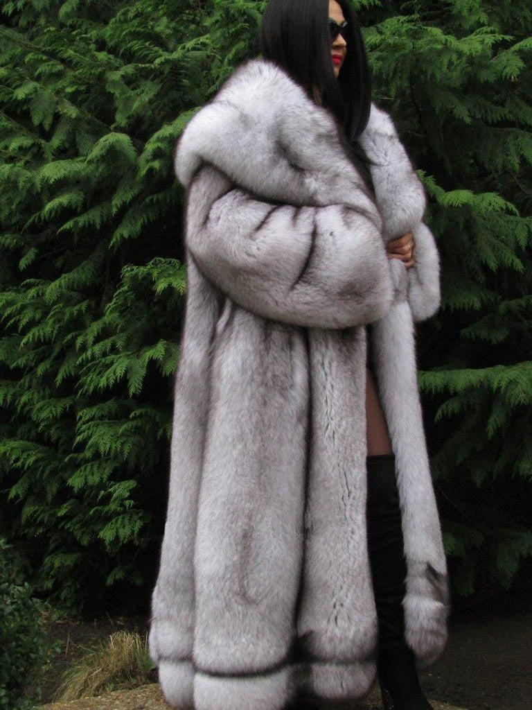 Faux Fox Fur Coat Long Hooded Thermal Full Pelt — Black | KIMLUD