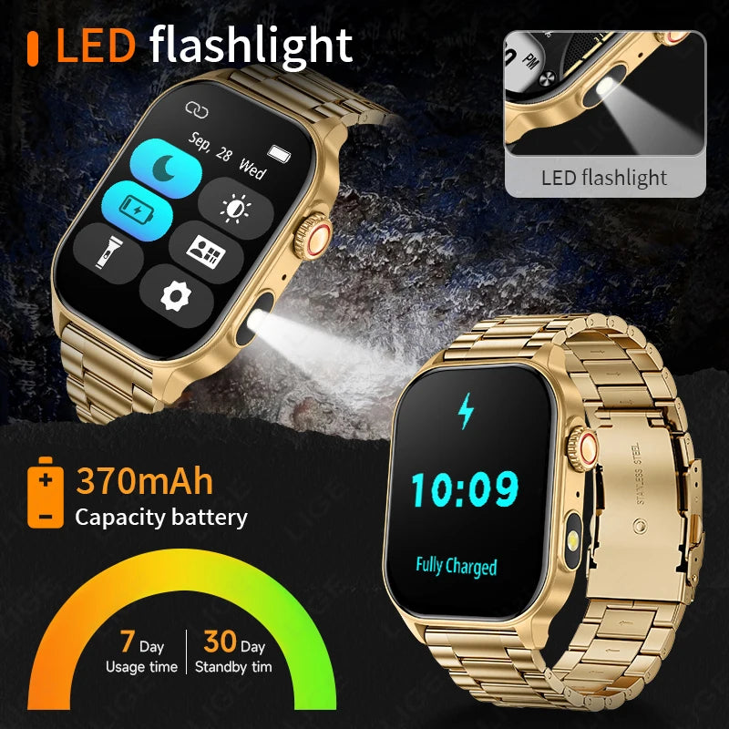 LIGE New Smart Watch LED Flashlight Military Sport Watches 2.01'' Screen Health Monitor Bluetooth Call Waterproof Smartwatch Men