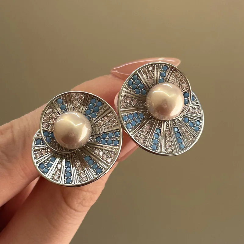 Light Luxury Crystal Flower Stud Earrings — Blue | KIMLUD