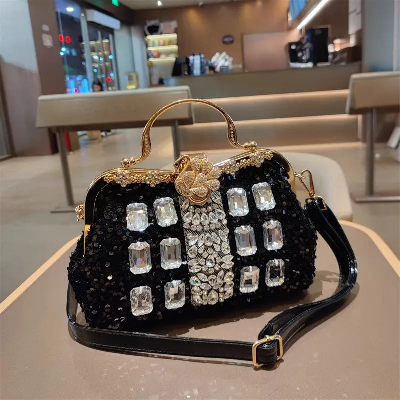 Leather Crystal Sequin Buckle Handbag — Black | KIMLUD