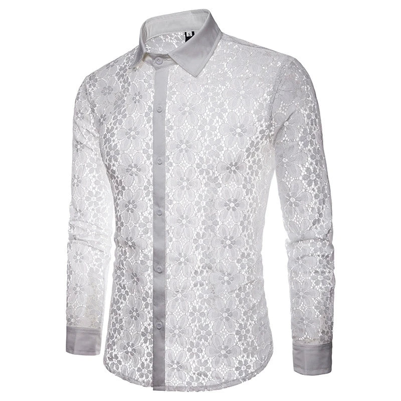Lace Embroidered Sheer Long Sleeve Shirt With Floral Details — Black | KIMLUD