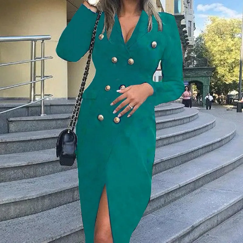 Double Breasted Blazer Dress V-Neck Long Sleeve — Black | KIMLUD