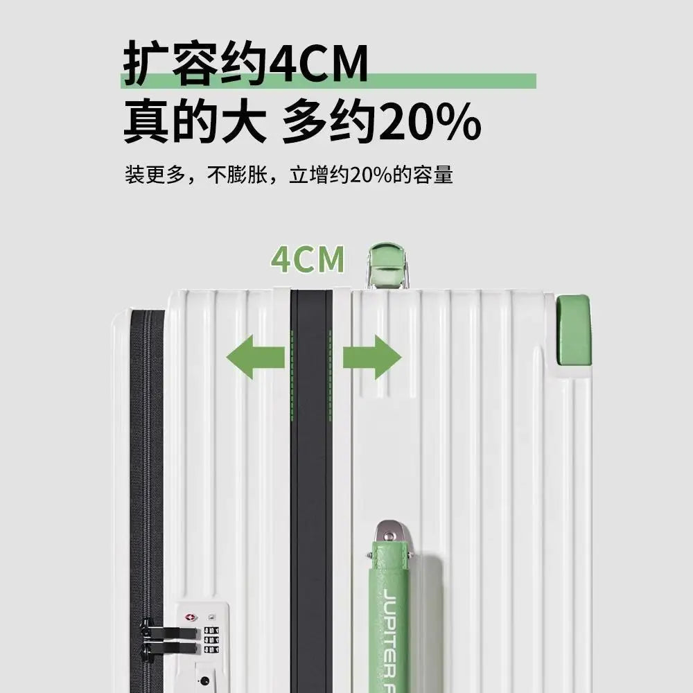 Side opening luggage compartment with expandable 28 inch wide luggage compartment, 20 inch boarding case, 24 inch luggage