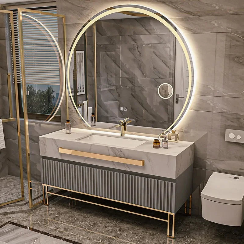 Oak Vanity Cabinet With Rock Slab LED Lighting — Grey | KIMLUD
