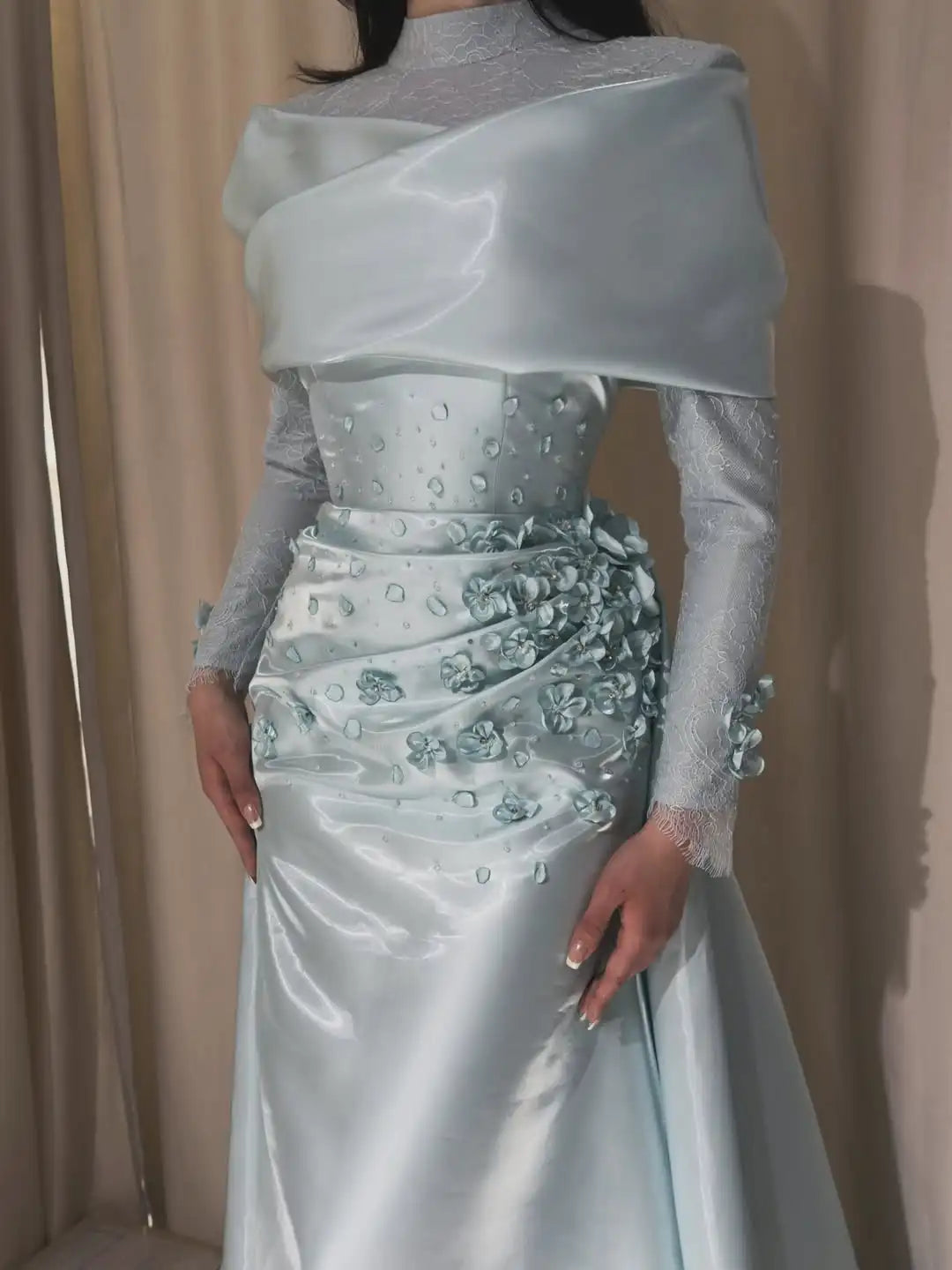 Mermaid Evening Dress – Floral Bead Decoration – Satin Lace – Not Specified | KIMLUD