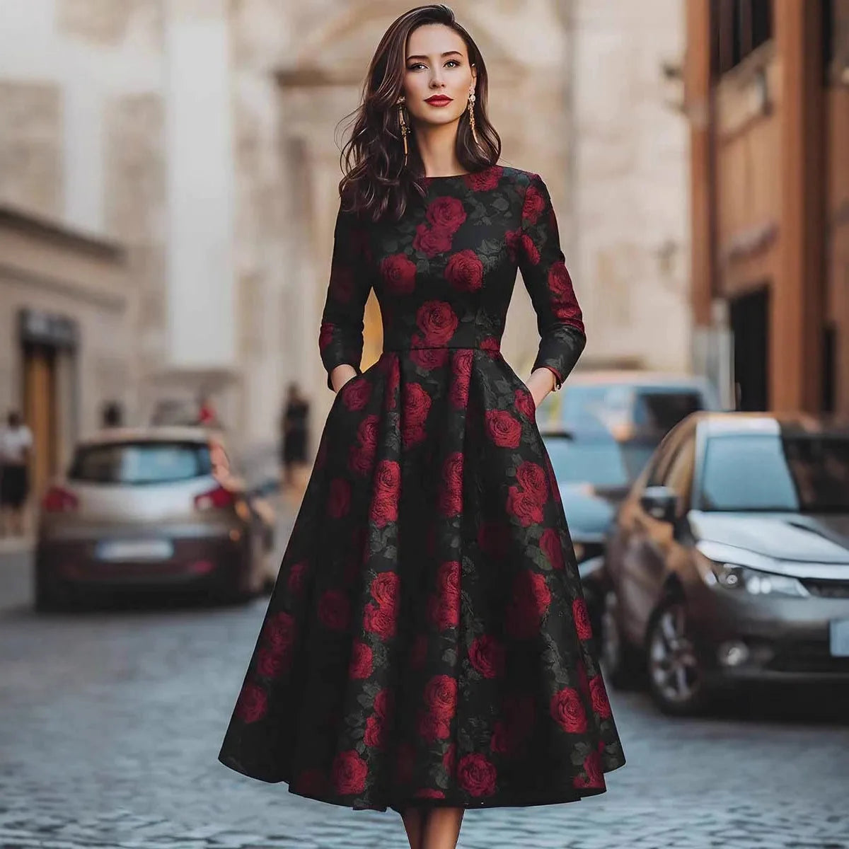 Dress Floral Print Polyester Regular Fit Multicolor | KIMLUD