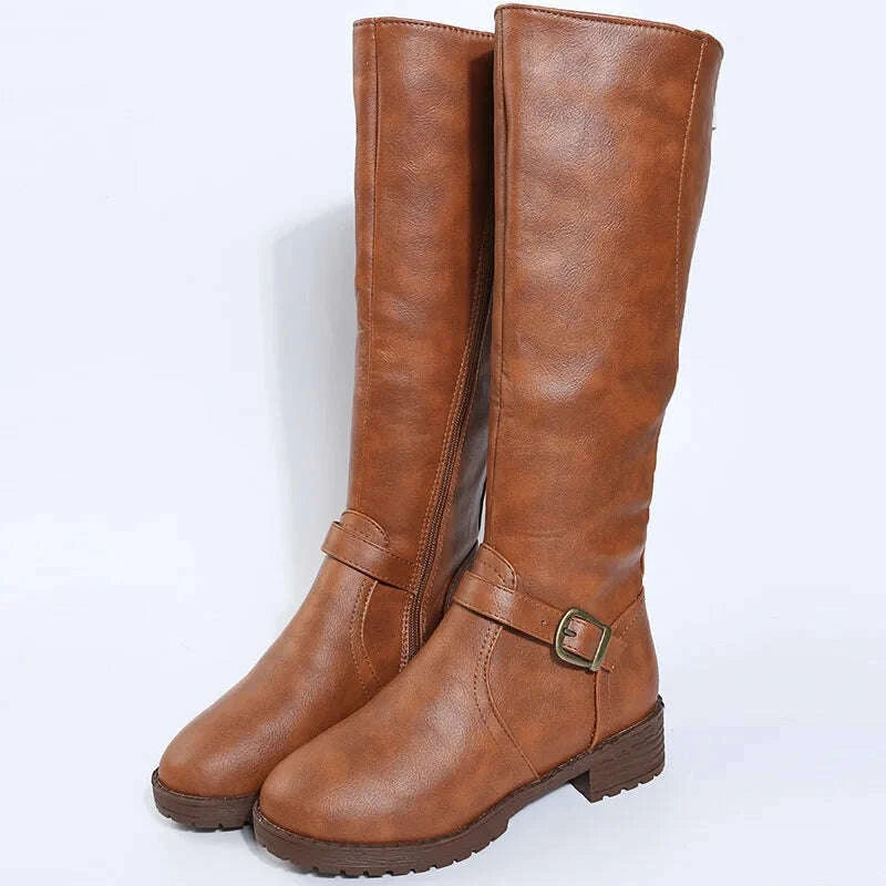 KIMLUD, 2025 New Women's Spring/Autumn Leather Boots-Knee-High Riding Boots with Zip Low Heel Perfect for Daily Commute& Weekend Outings, KIMLUD Womens Clothes