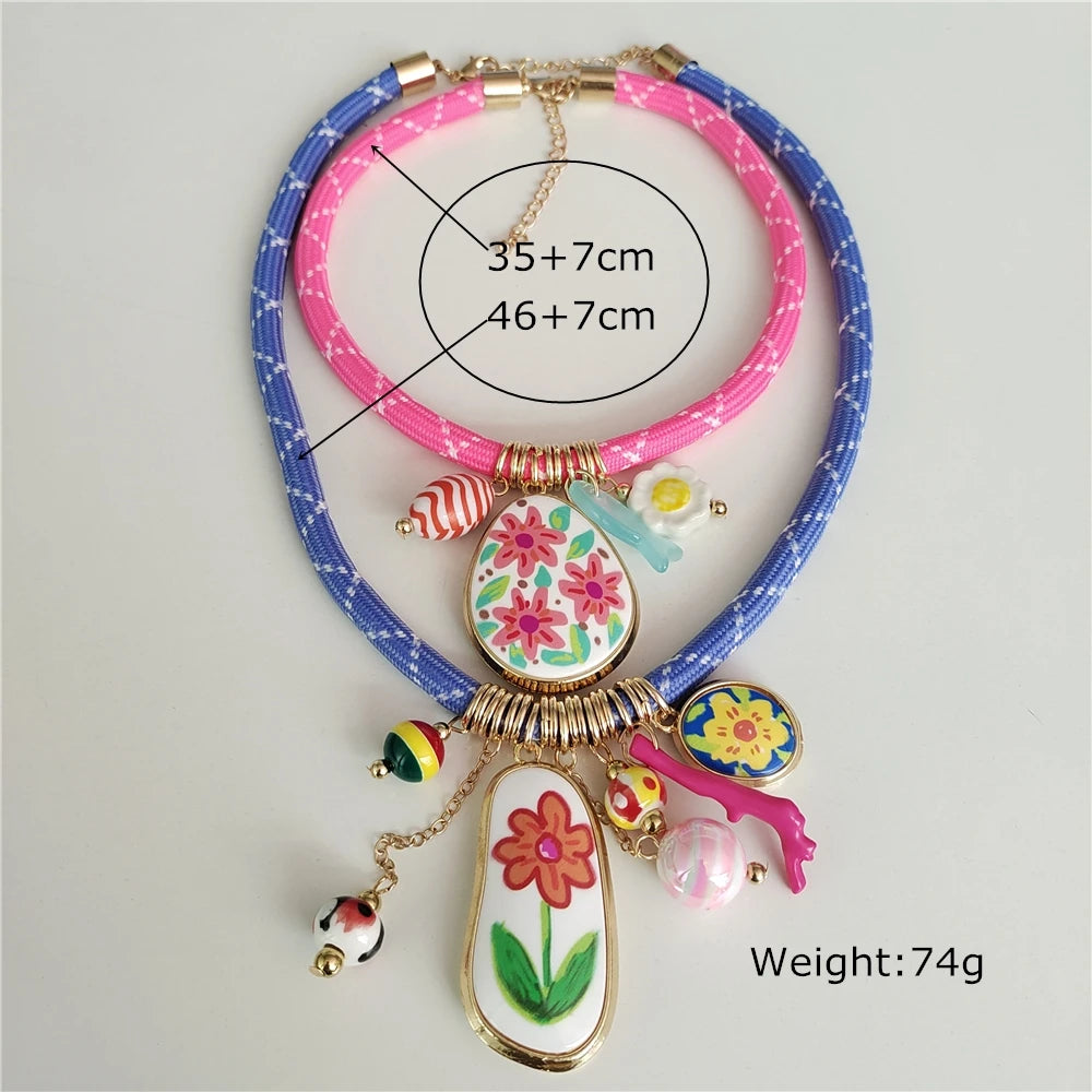 Cord Choker Necklace – Enamel Flower Pendant – Zinc Alloy – Multicolor | KIMLUD