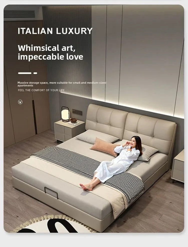 Modern Minimalism Genuine Napa Leather Bed With Built-In Storage Drawers — Beige | KIMLUD