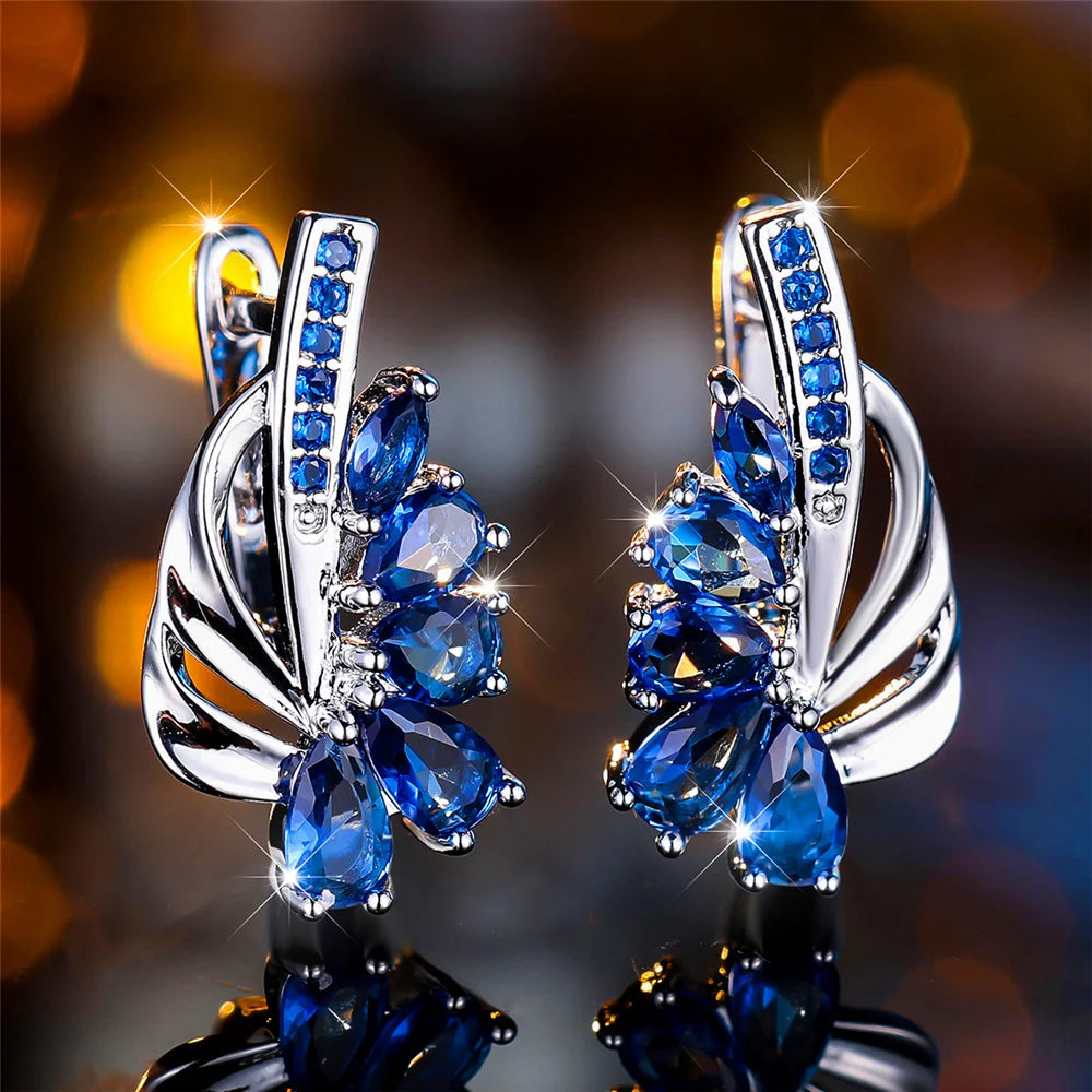 Gold Color Clip Earrings Water Drop Zircon — Blue Green | KIMLUD
