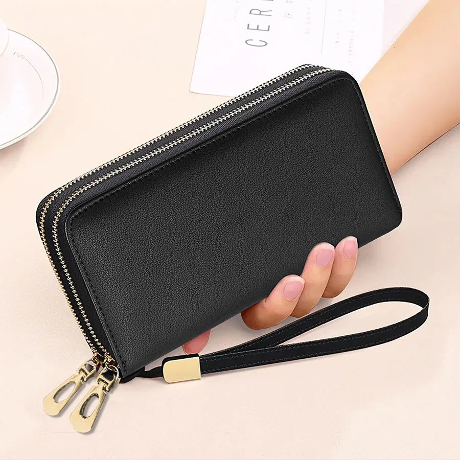 PU Leather RFID Anti-Theft Long Wallet Dual Zippers — Black | KIMLUD