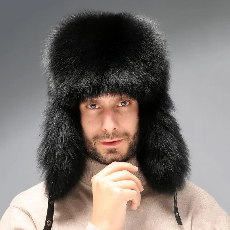New Winter Men's 100% Real Silver Fox Fur Bomber Hat Raccoon Fur Ushanka Cap Trapper Russian Man Ski Hats Caps Real Leather Hat