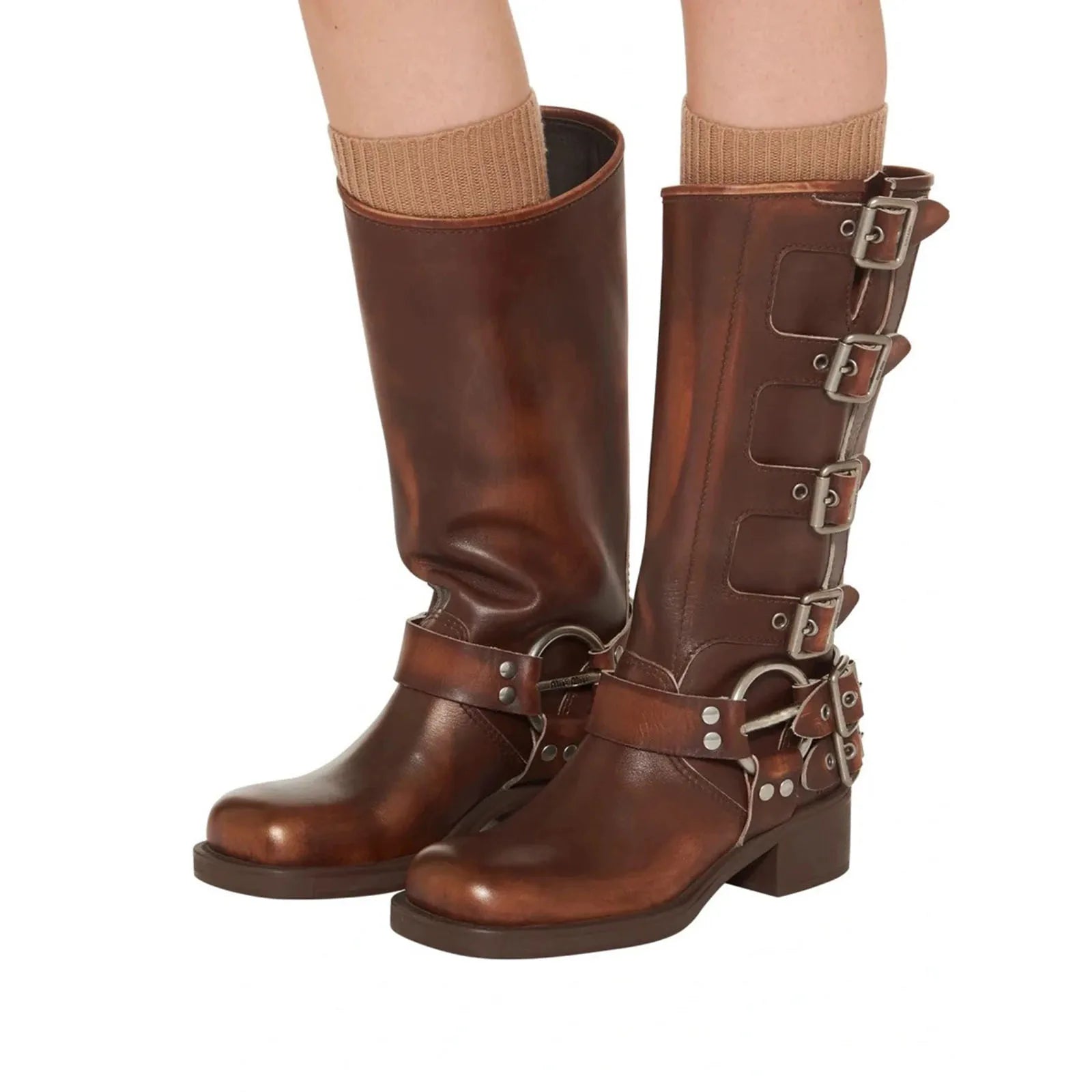 Knee-High Western Boots – Platform Rivet Belt Buckle – Genuine Leather | KIMLUD