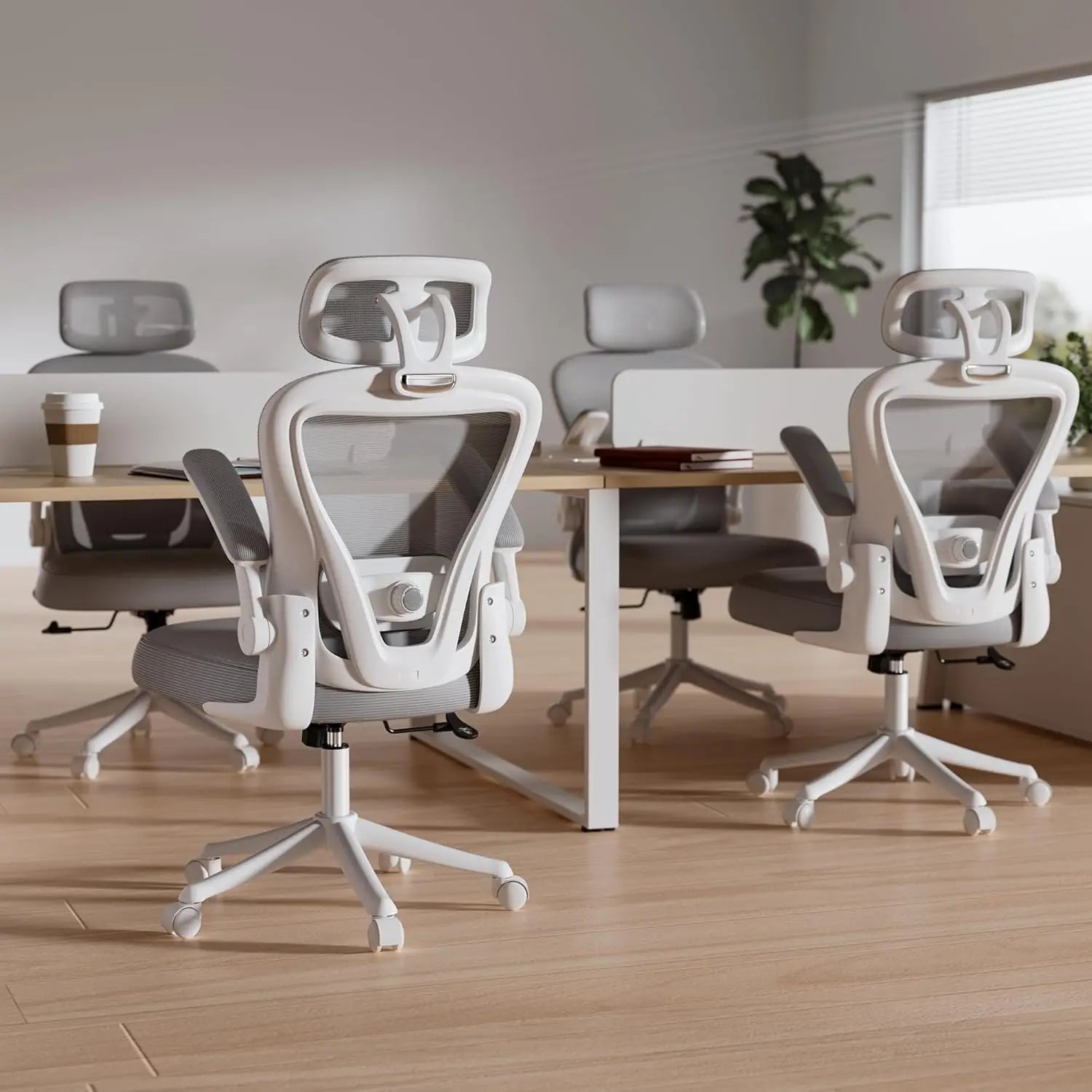 Mesh High Back Ergonomic Office Chair M903 With Wheels, Adjustable Lumbar Support — Ivory | KIMLUD
