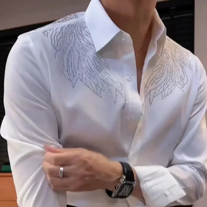 Diamond Print Polyester Shirt Long Sleeve With Y2K Twisty Silky — White | KIMLUD