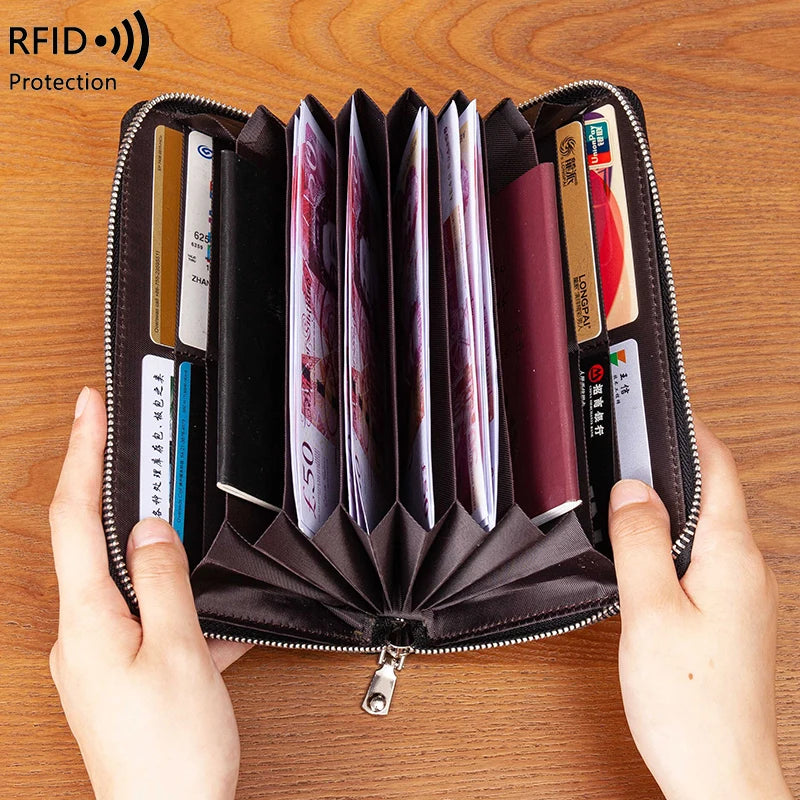 RFID Anti-Theft Cowhide Leather Wallet — Long Passbook Card Slots Black | KIMLUD