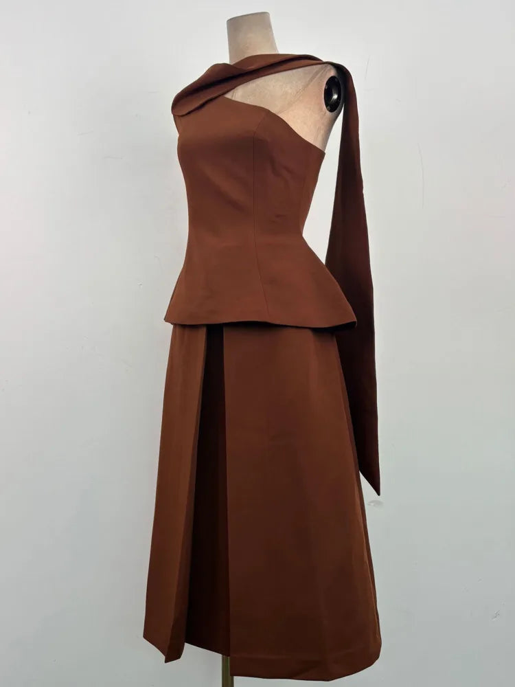 Eshin Luxury Brown Two-Piece Set Women Elegant One-Shoulder Peplum Top And High-Waisted Maxi Skirt With Sash Dubai SA1471