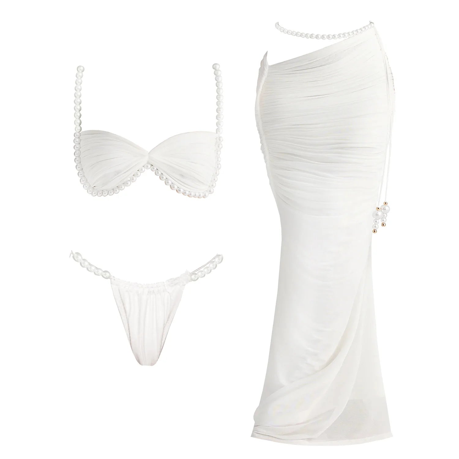 Pearl 3Pcs Bikini Set 2025 Bandeau Biquini Women Sexy Swimsuit Push Up Swimwear Female Mesh Skirt White Bathing Suit Beachwear
