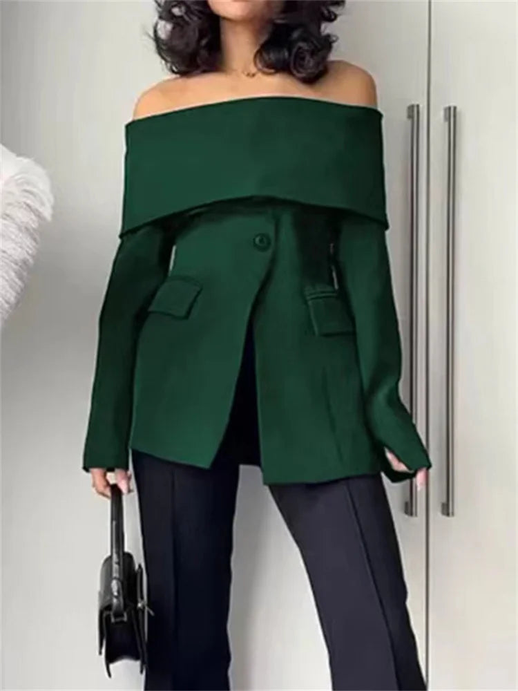 Off-The-Shoulder Coats & Jackets Zipper Front - Solid Color | KIMLUD