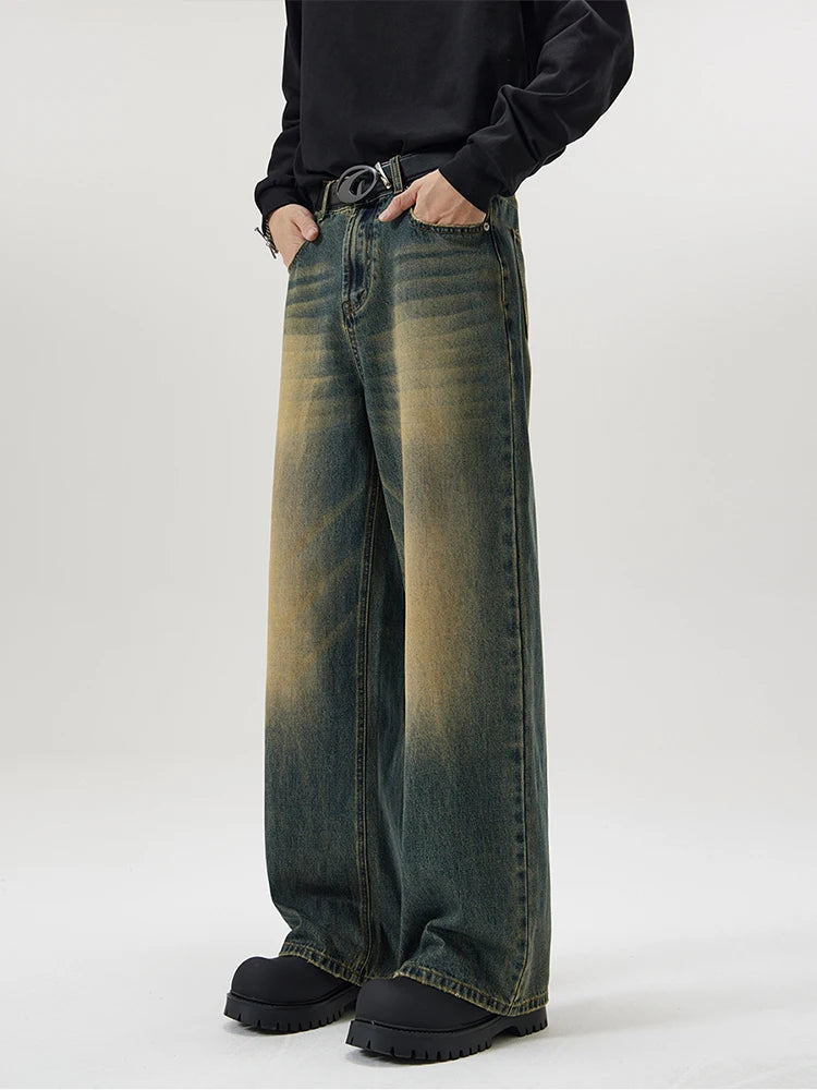 4 Colors Autumn Vintage Distressed Men's Baggy Straight Jeans Fashion Korean High Street Denim Pants Streetwear Male Trousers