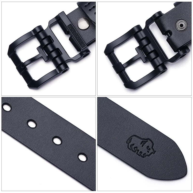 Cowhide Belt Vintage Pin Buckle — Deep Midnight Black | KIMLUD