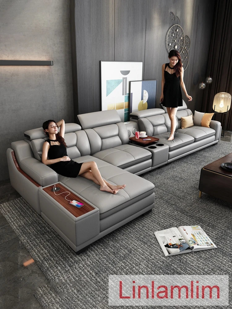 Italian Genuine Leather Sofa Featuring Bluetooth Speaker — Slate Gray | KIMLUD