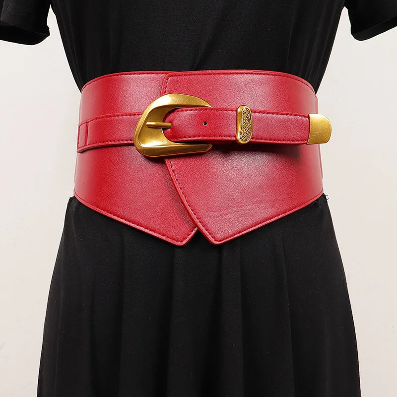 KIMLUD, [EAM] Pu Leather Black Irregular Vintage Wide Belt Personality Women New Fashion Tide All-match Spring Autumn 2025 1DJ0855, KIMLUD Womens Clothes