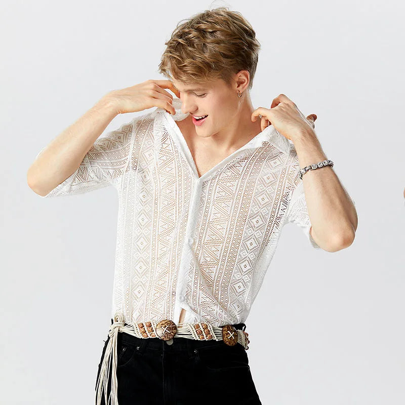 2023 Fashion Men Shirt Mesh Lace Transparent Streetwear Lapel Short Sleeve Button Camisas Party Sexy Men Clothing S-5XL INCERUN