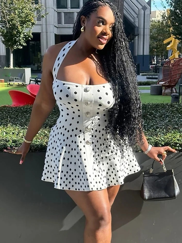 Mozision Halter Backless Polka Dot Dress For Women Fashion Square Collar Sleeveless High Waist A-line Knit Mini Dress Elegant