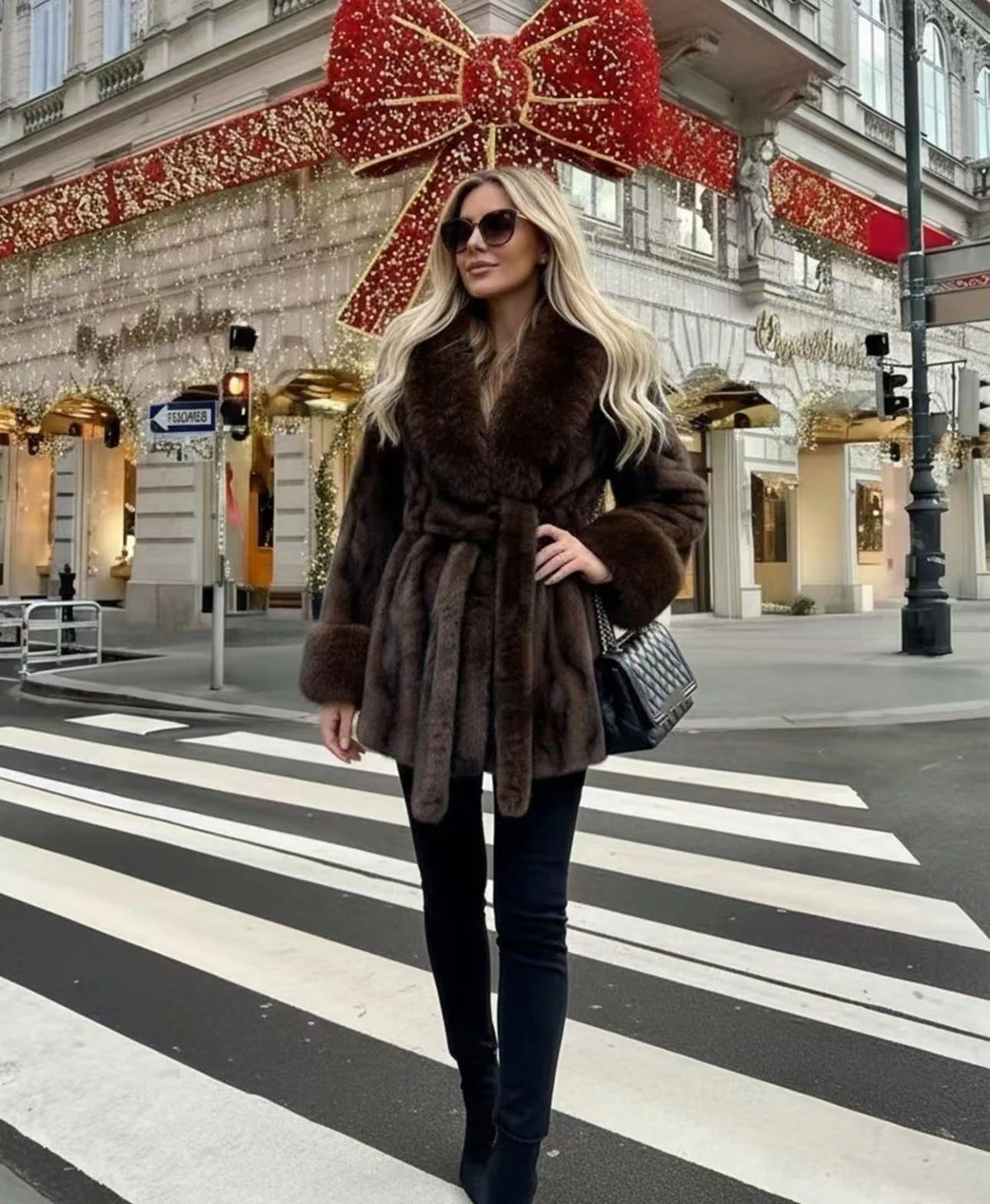 Faux Mink Fur Coat – Wrap Belted Lapel Collar – Mid Length – Brown | KIMLUD