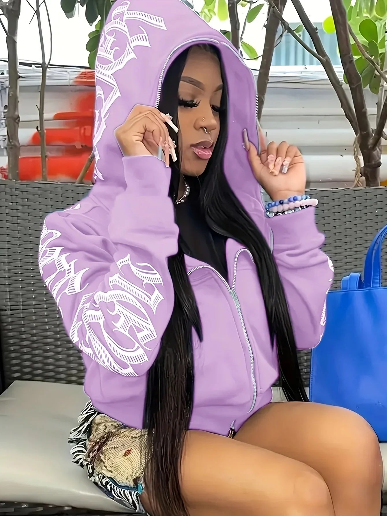 Hoodie Sweatshirt – Letter Print Zip Up – Polyester Spandex | KIMLUD
