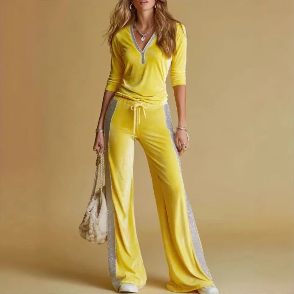 Velvet Two-Piece Set Spliced V-Neck Long Sleeve — Sun-Kissed Yellow | KIMLUD