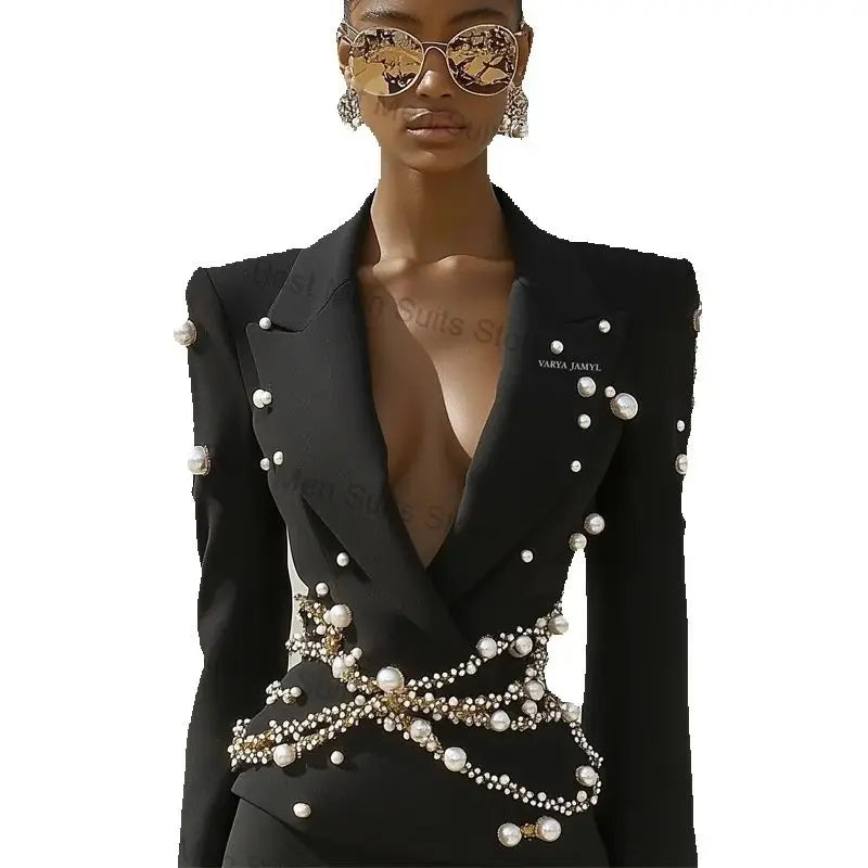 Blazer – Pearls And Crystals Shine – Jersey Fabric | KIMLUD
