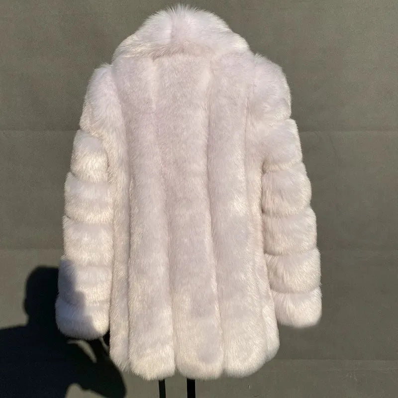 2025 Winter Women's Mid-Length Faux Fox Fur Coat Plush Luxe Warm faux fur Trench Elegant Thermal Outerwear Faux Fur Tops