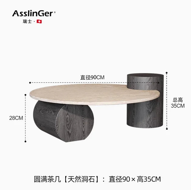 Nordic Minimalist Travertine Side Table Round Top With Solid Wood Pedestal — Beige | KIMLUD