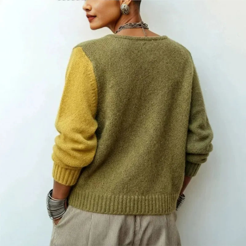 Patchwork Knit Cardigan – Asymmetric Button – Loose Long Sleeve | KIMLUD