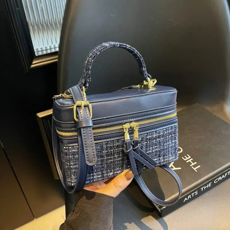 Bouclé-Textured Polyester Square Box Crossbody Bag — Navy | KIMLUD