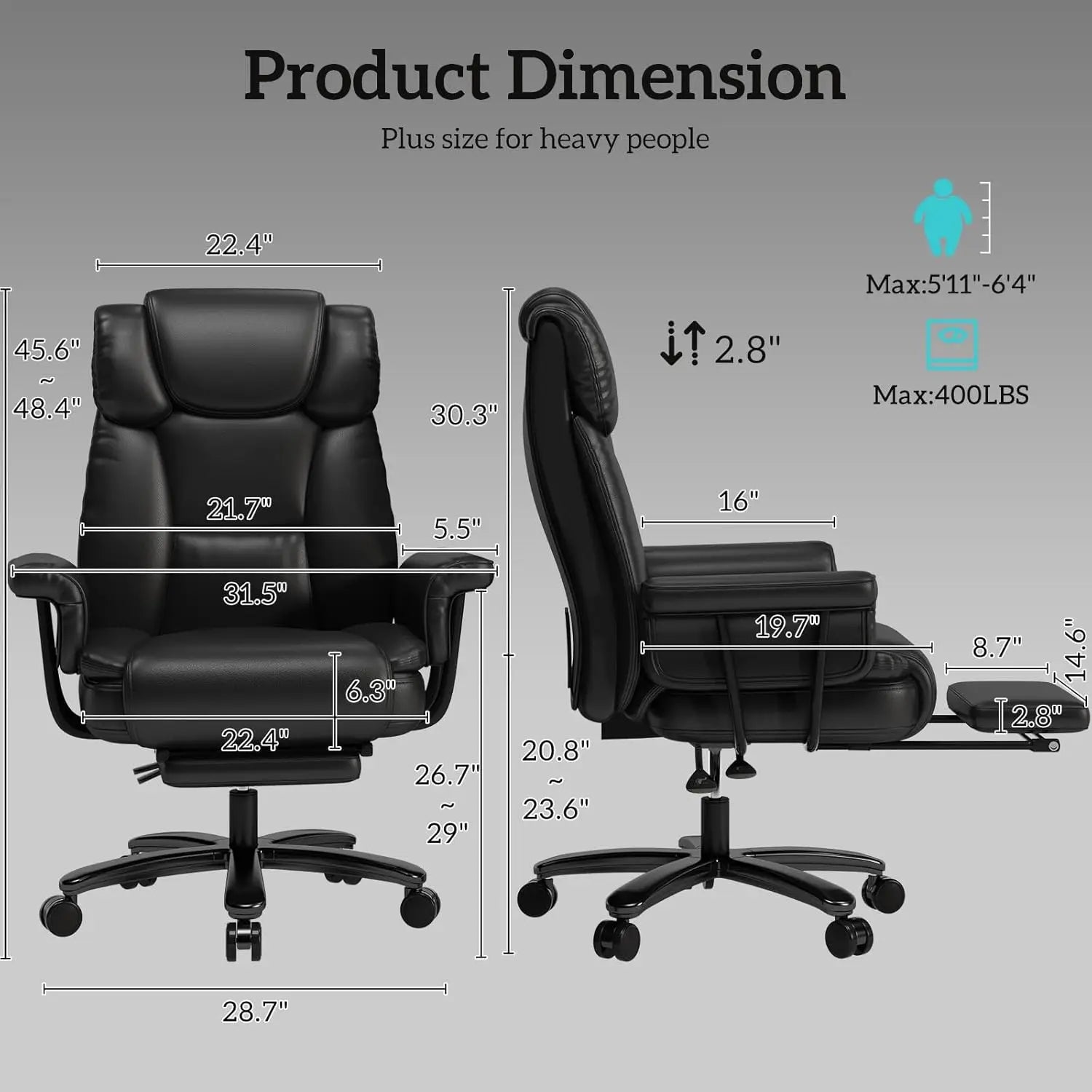 Wooden Frame Big And Tall High Back Reclining Office Chair With Wide Seat And Footrest — Black | KIMLUD