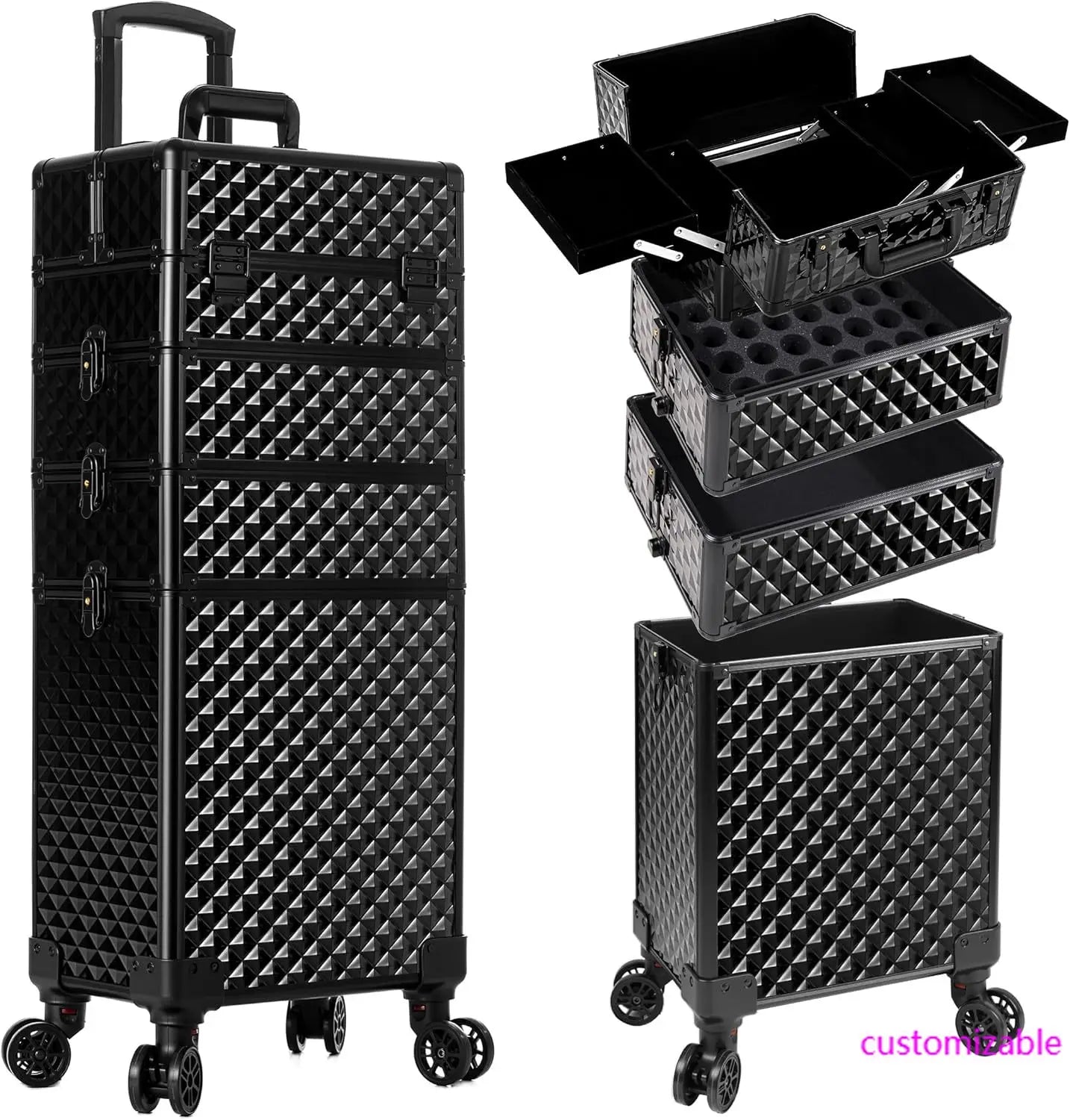 Rolling Plastic Travel Suitcases 4-In-1 Cosmetology Case Wheels — Black | KIMLUD