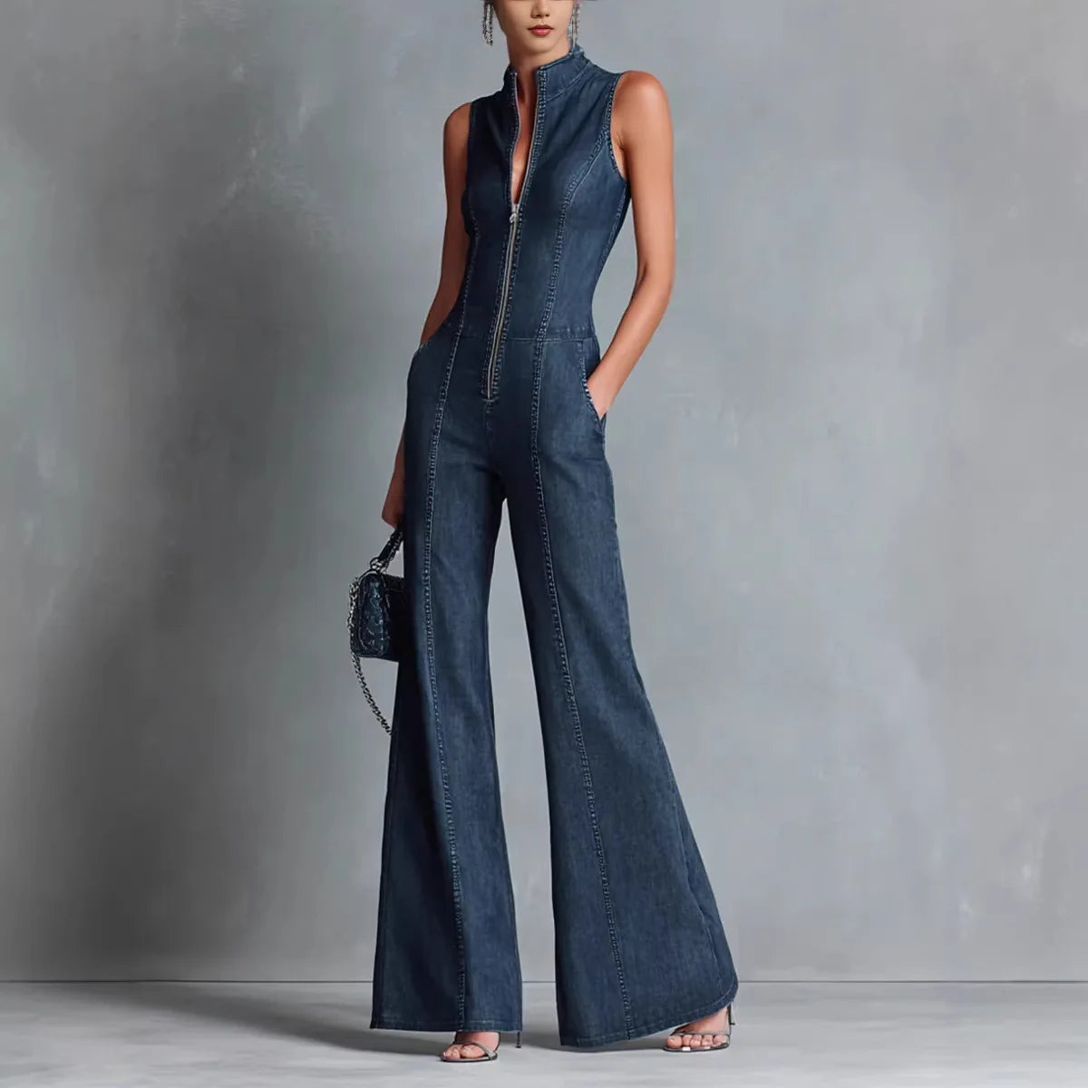 Jumpsuit – High Neck Front Zip – Sleeveless Wide Leg Polyester | KIMLUD