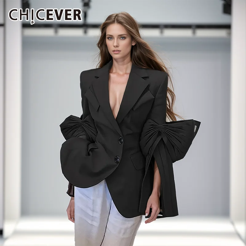 KIMLUD, CHICEVER Vintage Solid Blazers For Women Notched Collar Irrgular Design Long Sleeve Spliced Folds Slim Blazer Female Spring New, KIMLUD Womens Clothes