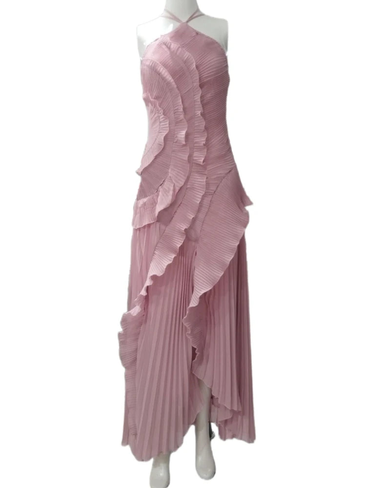 Fashoin Pleated Patchwork Sleeveless Summer Dress Women Elegant Halter Backless Split Maxi Dress Ladies Party Evening Dress 2025