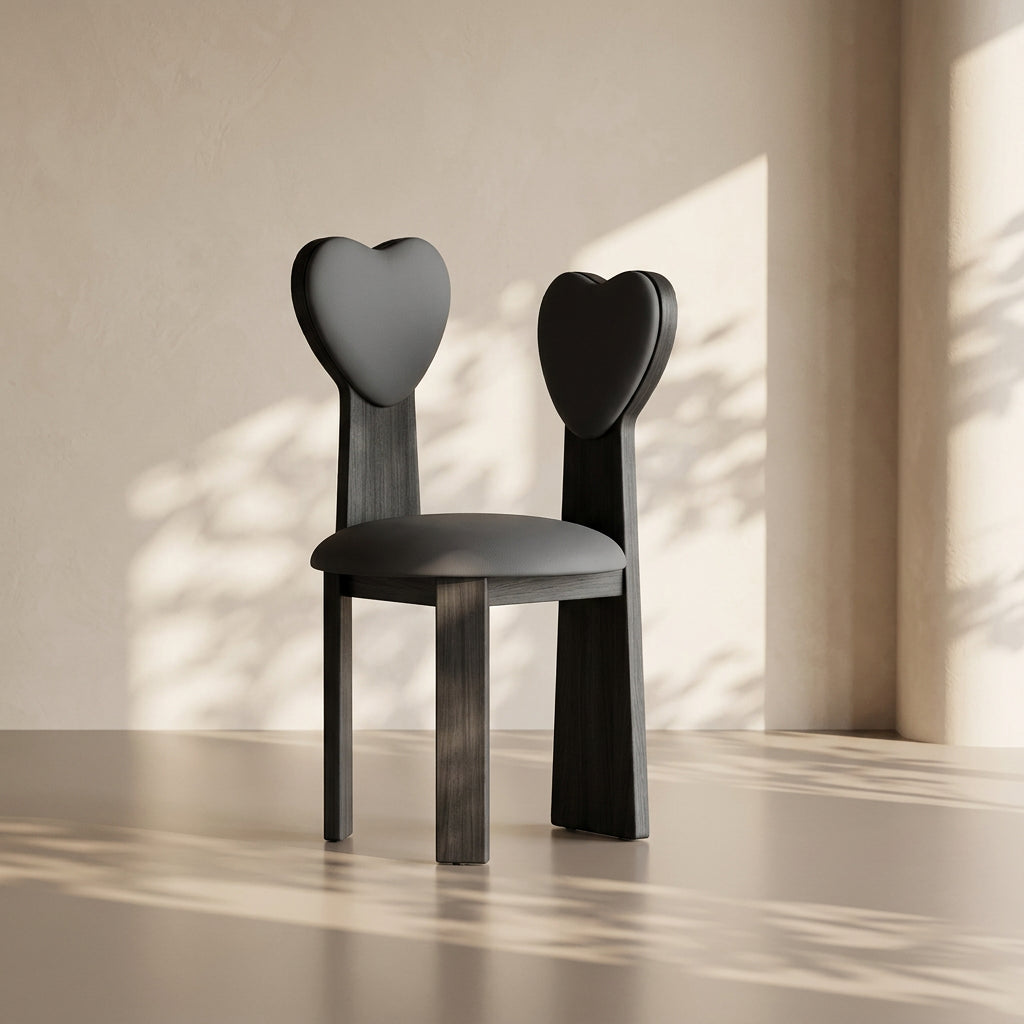 Heart-shaped chair with MEA Chair branding on a neutral background