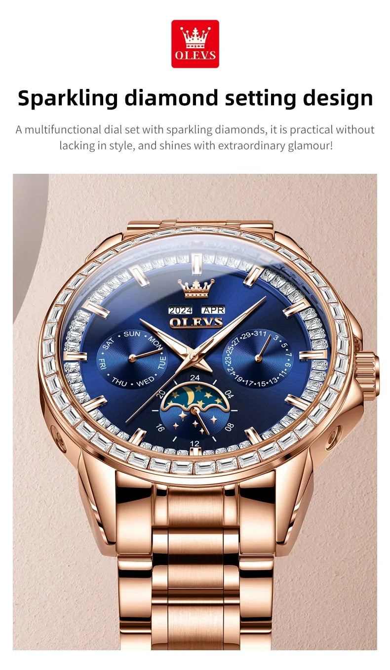 OLEVS 6695 NEW Men's Watches Full Multifunctional Dial Blue Leather Strap Calendar Week Moon Phase Waterproof Wristwatch